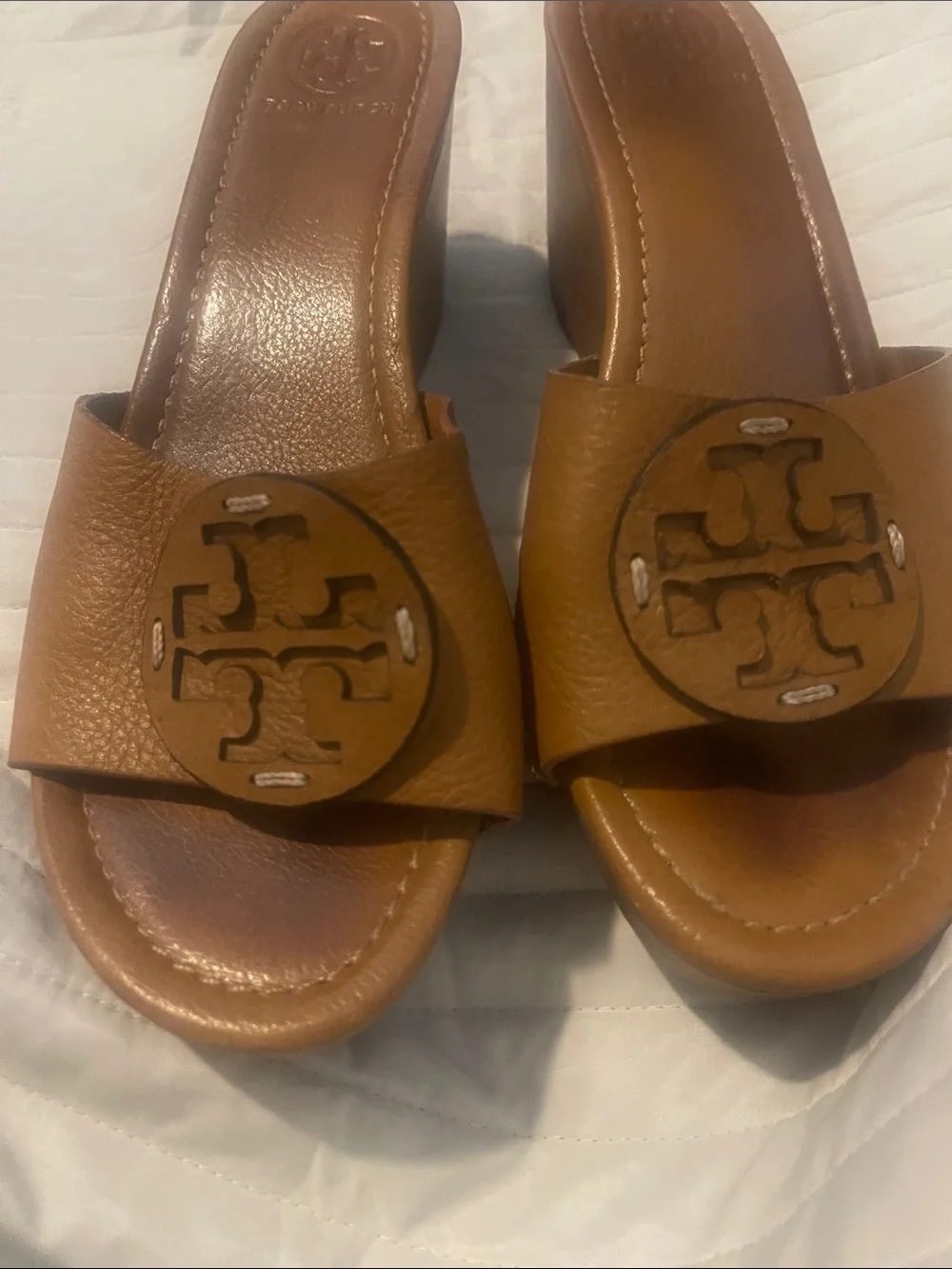 Tory Burch Cognac Leather Logo Slide Mules
